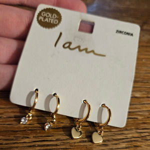 I AM Gold-Plated Cubic Zirconia & Heart Drop Earrings 2PC Set